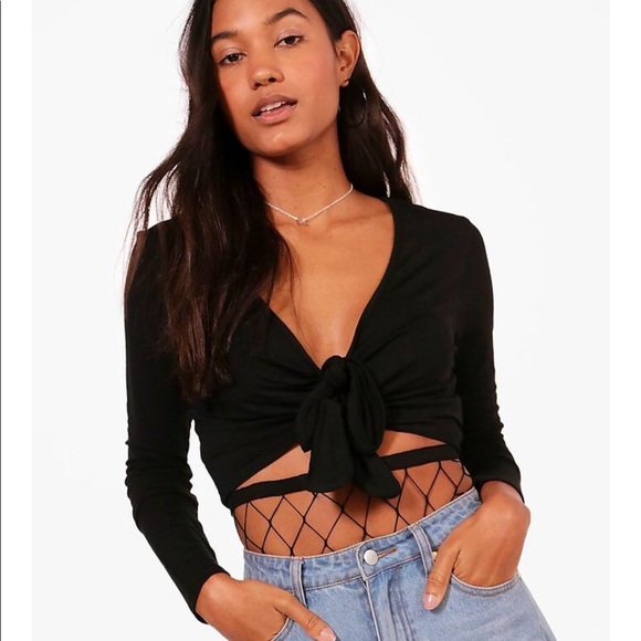 Boohoo Long Sleeve Tie Front Crop Top - Picture 1 of 4